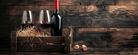 A rustic wine background showing a bottle of red wine, a wine glass, and a wooden wine crate filled with straw, arranged on a dark wooden table, evoking a vintage and cozy feelの素材
