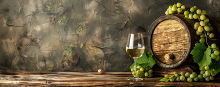 A rustic wine background with a wooden wine barrel, a glass of white wine, and green grapevines, arranged on a weathered wooden table, capturing the essence of a vineyardの素材