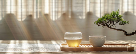 A serene tea background with a cup of green tea, a bamboo tea tray, and a small bonsai tree on a wooden tableの素材