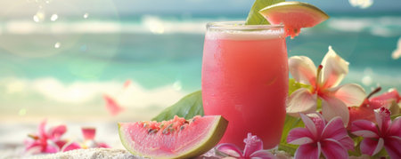 A tropical fresh juice background featuring a glass of guava juice, garnished with guava slices and tropical flowers, placed on a sandy beach surfaceの素材