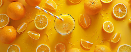 A vibrant fresh juice background featuring a glass of freshly squeezed orange juice with a straw, surrounded by whole and sliced oranges on a bright yellow surfaceの素材