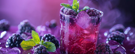 A vibrant fresh juice background with a glass of blackberry juice, garnished with fresh blackberries and mint leaves, set against a deep purple backdropの素材