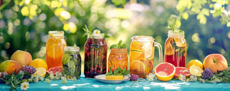 A vibrant tea background with a colorful display of iced tea jars, fresh fruits, and herbs arranged on a bright outdoor tableの素材
