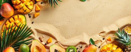 A tropical fruit background showing exotic fruits like mangos, pineapples, and papayas, arranged on a soft sandy beach surface, perfect for a beach vacation themeの素材
