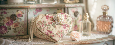 A vintage heart-shaped gift box covered in floral fabric, adorned with lace and a pearl brooch. The background features an antique vanity table with lace doilies and old-fashioned perfume bottles.の素材