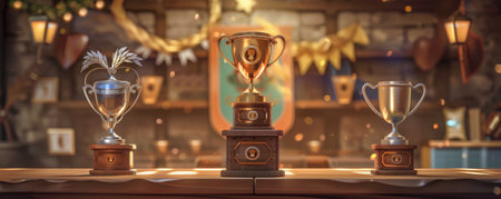 A winner's award podium showing silver, gold, and bronze trophies for the champion. The pedestal highlights the first, second, and third stages of a sports event. The podium background features a 3D award ceremony with medals, laurel wreaths, and lighting for the best places.の素材