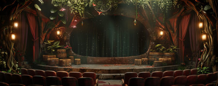 A whimsical cinema background with a fantasy-themed theater, decorated with enchanted forest elements and mystical creatures. The backdrop includes a movie screen shaped like a magical portal and seats resembling tree stumps.の素材