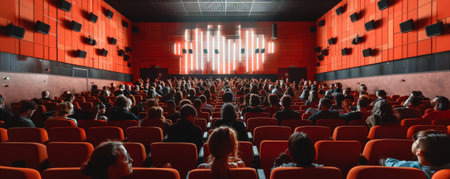 An avant-garde cinema background with an art-house theater, abstract decor, and a minimalist design. The backdrop includes unique seating arrangements, indie film posters, and an eclectic crowd of film enthusiasts.の素材