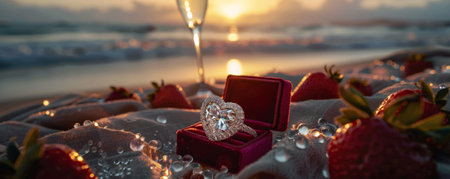 An exquisite engagement ring featuring a heart-shaped diamond in a velvet box. The romantic proposal setting includes a beach at sunset, with the waves gently crashing and a blanket spread out with champagne and strawberries.の素材