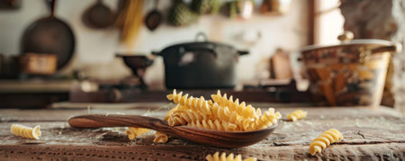 A wooden spoon filled with uncooked fusilli pasta on a rustic kitchen surface. The background features a well-used kitchen with cast-iron pots, a wooden spice rack, and bunches of dried herbs hanging from the ceiling, creating an authentic, rustic atmosphere.の素材