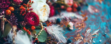 Bohemian wedding mockup card background with vibrant, eclectic patterns and textures. Feathers, beads, and floral elements create a free-spirited, artistic look.の素材