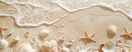 Beach wedding mockup card background featuring a serene sandy texture with seashells and starfish scattered around. Gentle waves create a peaceful and romantic vibe.の素材
