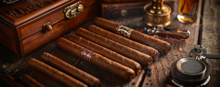 Elegant, handcrafted premium cigars displayed on a rustic wooden surface. The setting includes a leather-bound humidor, a silver lighter, and a selection of fine cognac. The deep, rich aroma of high-quality tobacco permeates the space, evoking a sense of luxury and refinement.の素材