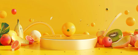 Golden yellow background with a sleek metal podium surrounded by scattered fruit illustrations, perfect for a modern and lively fruit displayの素材