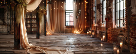 Industrial elegance wedding mockup card background with a mix of exposed brick, metal accents, and soft, flowing drapery. Warm lighting adds a touch of sophistication.の素材