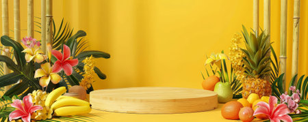 Yellow gradient background with a bamboo podium surrounded by tropical flowers and fruits, creating an inviting and exotic fruit displayの素材