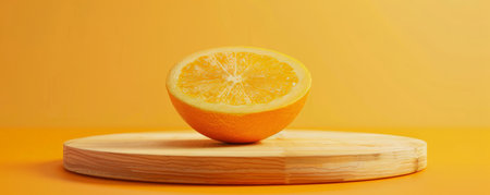 Pale yellow background with a wooden podium in the shape of a sliced orange. The platform is ideal for a vibrant and fresh fruit product showcaseの素材