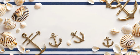 Nautical chic wedding mockup card background with navy blue and white stripes, gold anchors, and seashell accents. A soft, sandy texture adds to the maritime theme.の素材