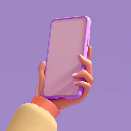 A 3D cartoon hand holding a smartphone, isolated on a purple background. The hand is positioned as if using the mobile phone, perfect for mockups and digital illustrations. The vibrant scene highlights the playful and engaging design.の素材