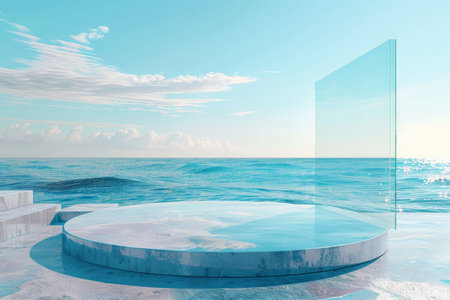 A contemporary 3D render of a round platform on water and sand, enclosed by glass wall panels. The minimal landscape in blue tones provides a geometric backdrop with plenty of empty space, ideal for product showcase banners and stylish promotional mockups.の素材