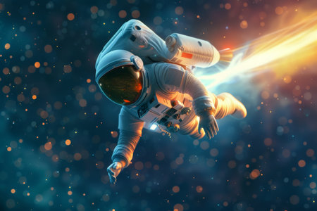 A 3D render of a spaceman astronaut flying with a rocket. This 3D illustration design captures the excitement and adventure of space exploration, featuring a detailed astronaut suit and a sleek rocket soaring through the stars.の素材