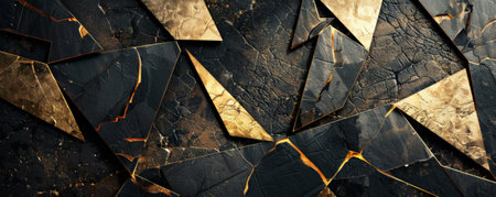 Abstract geometric background featuring fragmented shapes and bold lines in a black and gold palette. The high contrast and metallic accents create a striking and luxurious aesthetic.の素材