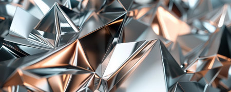 Abstract geometric background featuring fragmented triangles and sharp lines in metallic shades. The reflective surfaces and bold shapes create a high-tech and futuristic aesthetic.の素材