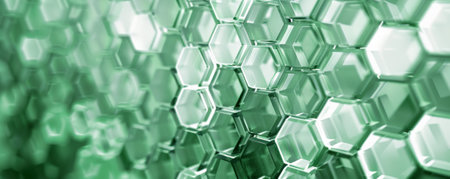 Abstract hexagon geometry background in shades of green and white. The hexagons are arranged in a cascading pattern, with some transparent elements creating a layered effect. The design is fresh and clean, perfect for a nature-inspired theme.の素材