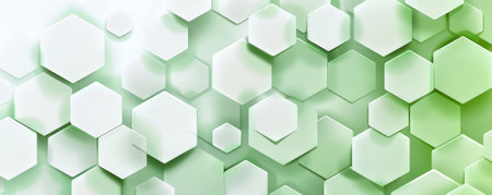 Abstract hexagon geometry background in shades of green and white. The hexagons have a smooth, polished finish, with subtle gradients and shadows. The design is fresh and clean, perfect for a nature-inspired theme.の素材