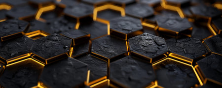 Abstract hexagon geometry background in black and gold. The hexagons have a sleek, glossy finish, with gold lines accentuating their edges. The overall design is luxurious and sophisticated, ideal for an elegant presentation.の素材