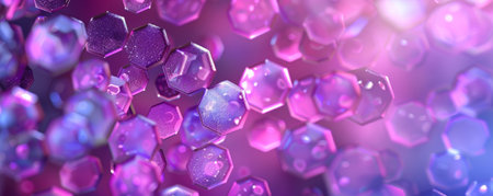 Abstract hexagon geometry background in shades of purple and pink. The hexagons have a glossy, iridescent finish, creating a dreamy and magical atmosphere. The design is perfect for a whimsical and fantasy-inspired theme.の素材