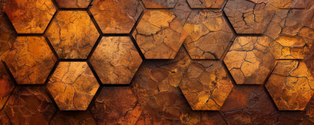 Abstract hexagon geometry background in shades of orange and brown. The hexagons have a rough, stone-like texture, giving the design a natural and earthy feel. The overall effect is warm and grounded.の素材