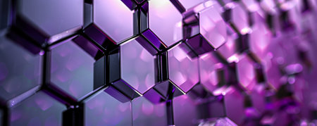 Abstract hexagon geometry background in shades of purple and silver. The hexagons have a glossy, reflective surface, creating a rich and luxurious design. The overall effect is sophisticated and modern.の素材