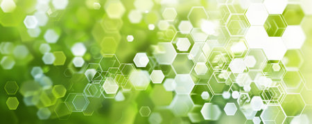 Abstract hexagon geometry background in shades of green and white. The hexagons are arranged in a cascading pattern, with some transparent elements creating a layered effect. The design is fresh and clean, perfect for a nature-inspired theme.の素材