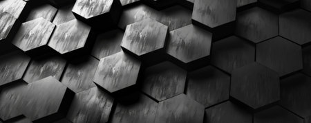 Abstract hexagon geometry background in shades of black and silver. The hexagons have a matte, brushed metal texture, creating a sleek and industrial design. The overall effect is modern and sophisticated.の素材