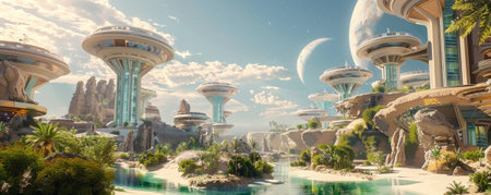 Futuristic landscape depicting a desert oasis with advanced water reclamation systems and lush greenery. Solar-powered structures blend seamlessly with the natural environment.の素材