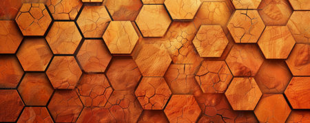 Abstract hexagon geometry background in shades of orange and brown. The hexagons have a rough, stone-like texture, giving the design a natural and earthy feel. The overall effect is warm and grounded.の素材