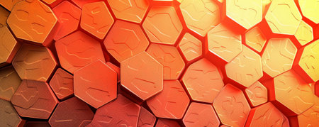 Abstract hexagon geometry background with a gradient of red, orange, and yellow. The hexagons have a metallic texture, giving the design a polished and industrial look. The warm colors evoke a sense of energy and creativity.の素材