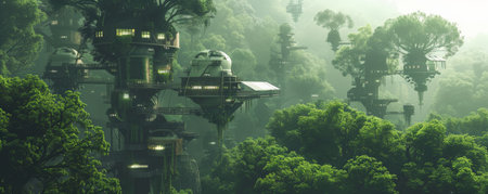 Futuristic landscape depicting a serene, eco-friendly city integrated into a forest. Treehouses and elevated walkways are interconnected, with solar panels and wind turbines providing sustainable energy.の素材