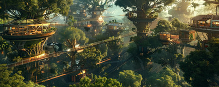 Futuristic landscape depicting a serene, eco-friendly city integrated into a forest. Treehouses and elevated walkways are interconnected, with solar panels and wind turbines providing sustainable energy.の素材