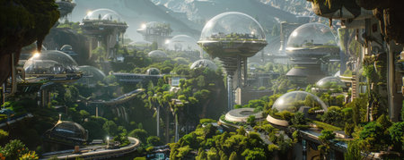 Futuristic landscape featuring a sprawling space colony with interconnected biodomes and advanced infrastructure. The colony is self-sustaining, with a mix of natural and artificial elements.の素材