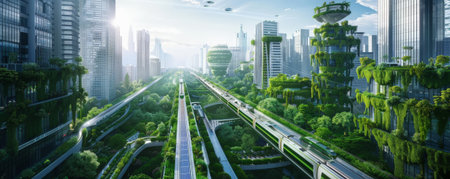Futuristic landscape featuring a sprawling cityscape with interconnected green rooftop gardens and solar panels. High-speed maglev trains zip through elevated tracks, surrounded by lush greenery and advanced architecture.の素材