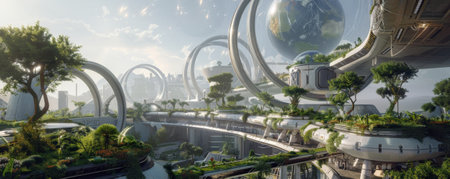 Futuristic landscape featuring an expansive orbital city with rotating habitats and lush gardens. The Earth and stars are visible from the transparent sections, creating a stunning view.の素材