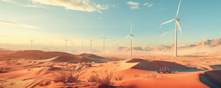 Futuristic landscape in a desert with towering wind turbines and solar farms. Advanced robotic machines harvest energy while sleek, automated vehicles traverse the sand dunes under a clear, azure sky.の素材