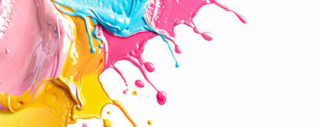 Ice cream background featuring an artistic splash of melted ice cream in various colors, creating a dynamic and abstract design. The backdrop is a simple white to highlight the vibrant colors.の素材