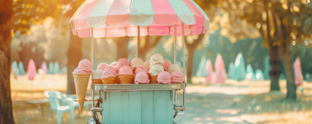 Ice cream background with a focus on a vintage ice cream cart in a park setting. The nostalgic design and pastel colors create a charming and delightful atmosphere.の素材