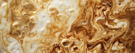 Iced coffee latte background showing a close-up of the coffee and milk swirling together in the glass. The rich colors and intricate details create a visually appealing and refreshing scene.の素材