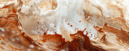 Iced coffee latte background with a dynamic, abstract design of coffee and milk splashes. The bold colors and energetic composition create an exciting and refreshing atmosphere.の素材