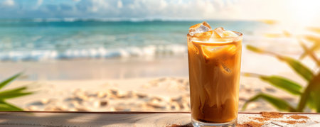 Iced coffee latte background showcasing a beach setting with a glass of iced coffee on a wooden table. The sand, sea, and sun in the background evoke a perfect summer day, making the iced coffee look even more refreshing.の素材