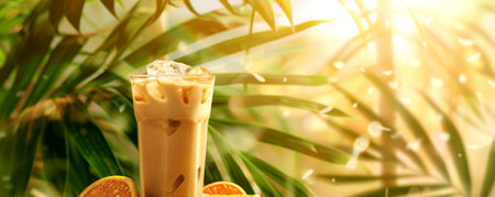 Iced coffee latte background with a tropical twist. A glass of iced coffee is surrounded by palm leaves and tropical fruits, set against a bright, sunny background.の素材